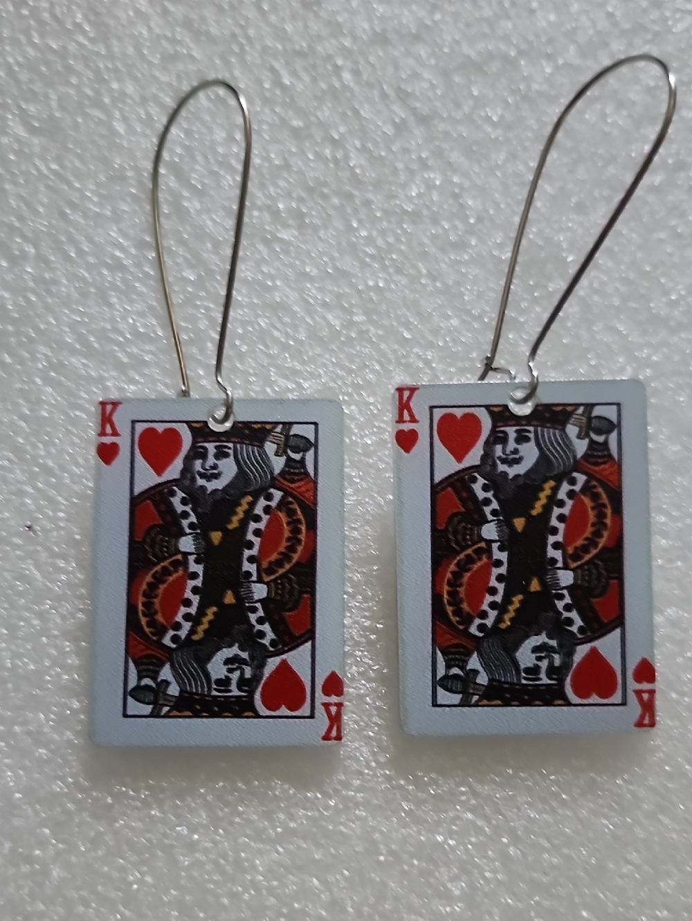Hand Crafted King of Hearts Card Earrings in Red, Black, White